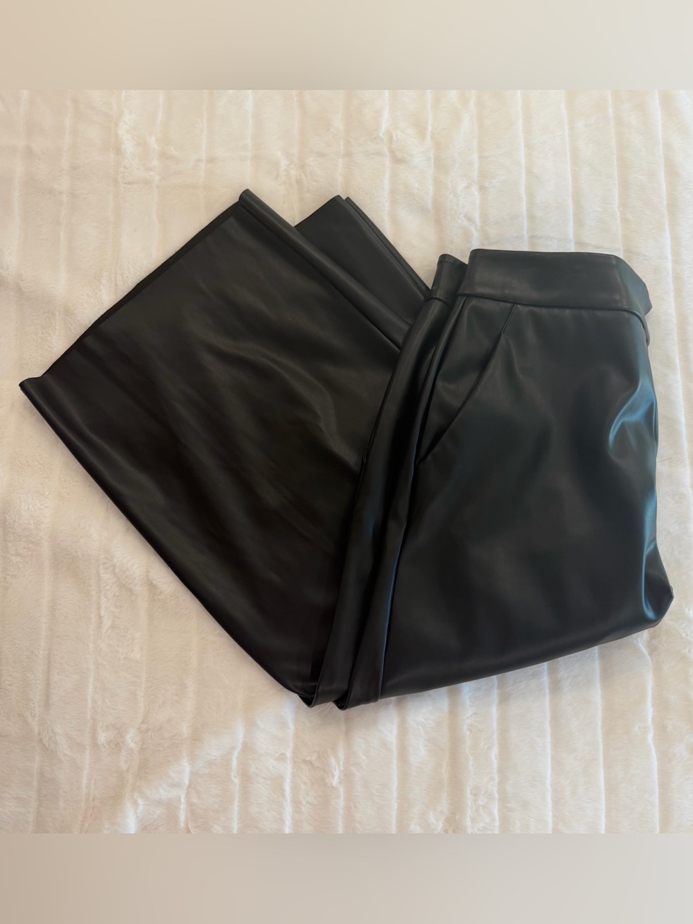 DKNY Black Faux Leather Wide Leg Cropped Pants